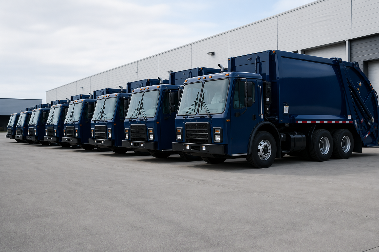 Fleet of pristine blue waste management trucks